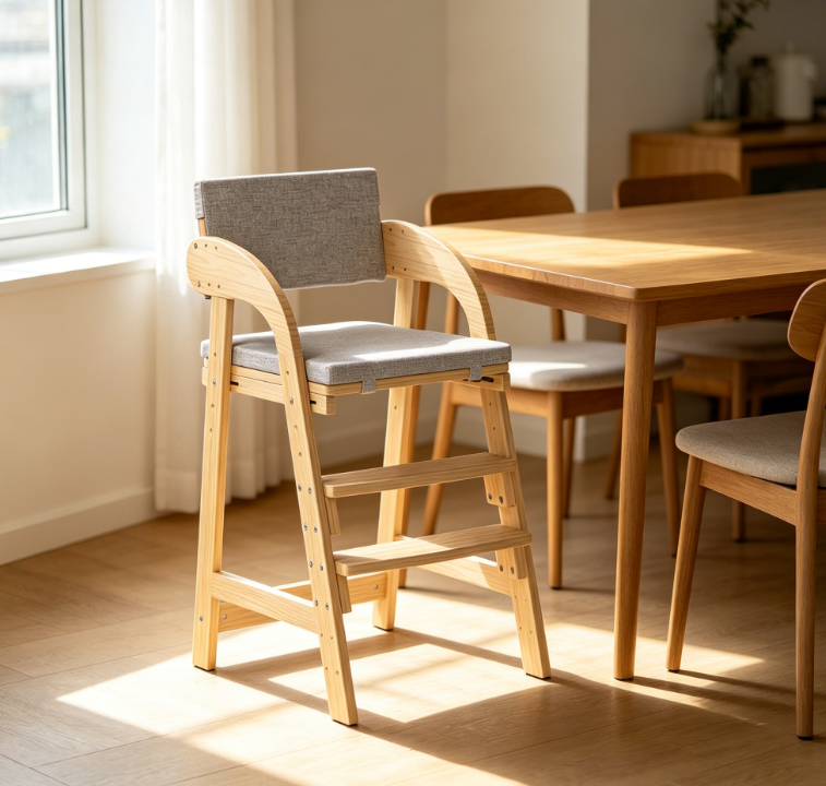 Wooden High Chair with Height Adjustment, Footrest and Removable Cushion, Natural