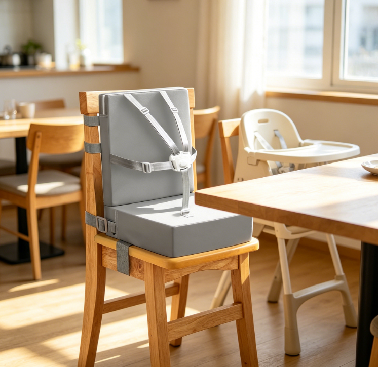 Grey Booster Seat with Backrest, 5 Point Straps and PU Cover for Dining Table